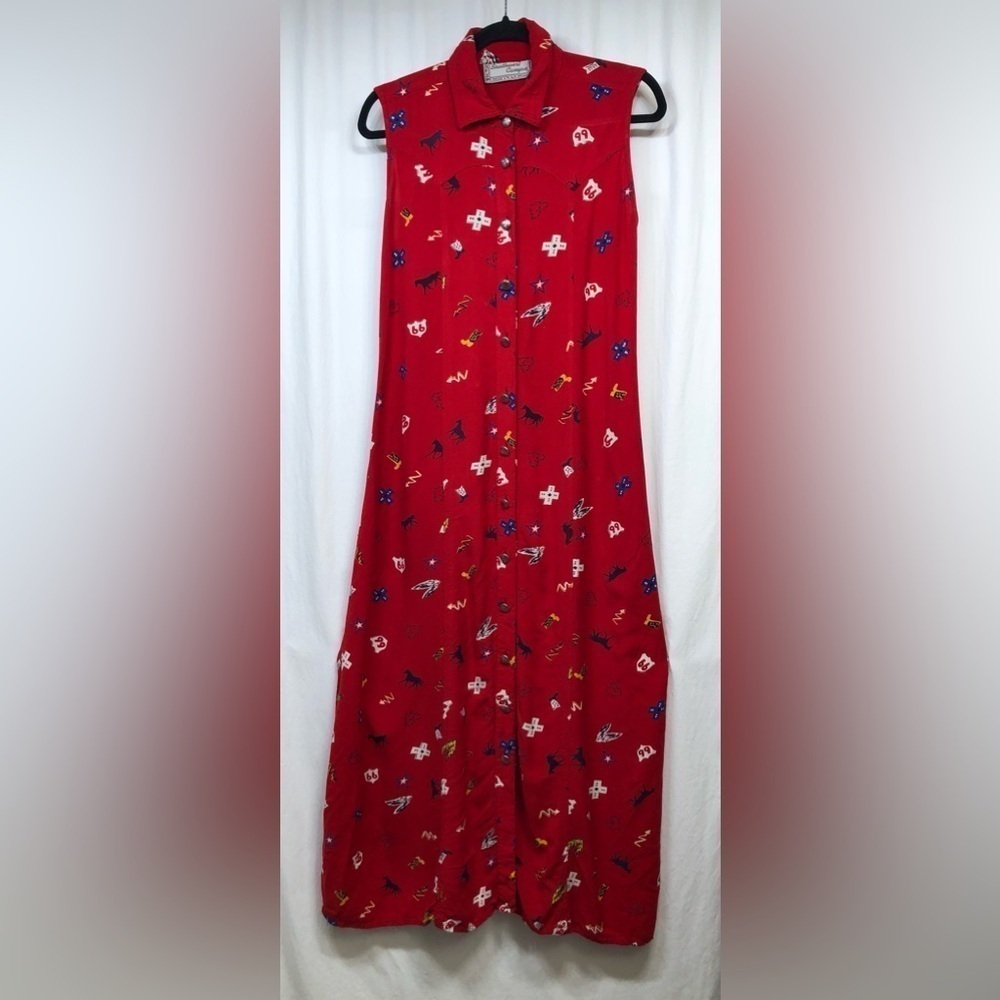 Vintage Southwest Canyon Red Rayon Maxi Sleeveless Button Dress Cowgirl Large